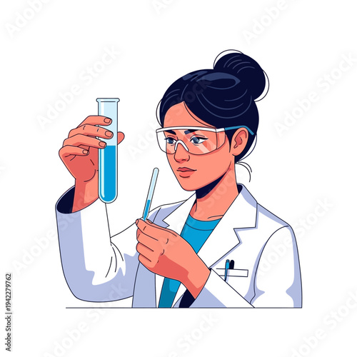 Female scientist in lab coat and safety glasses conducting experiment with test tube