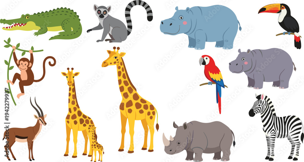 Naklejka premium Wild Safari Animals Cartoon Vector Set with Giraffe, Zebra, Rhino, Hippo, Monkey, Toucan, Lemur and Crocodile for Kids Wildlife Illustration Design.