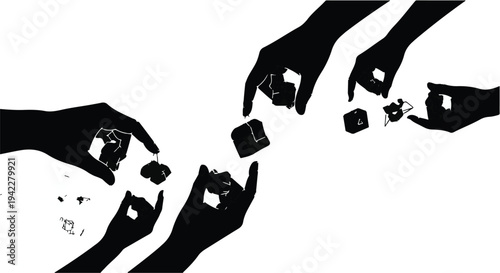 Silhouettes of multiple hands exchanging small, dark, cube-shaped objects across a bright negative space suggesting collaboration or business transactions.