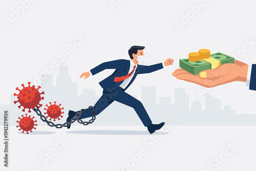 Businessman in Face Mask Chained to COVID-19 Virus Running Towards Giant Hand with Money for Economic Stimulus Package and Government Aid During Coronavirus Financial Crisis Concept Vector