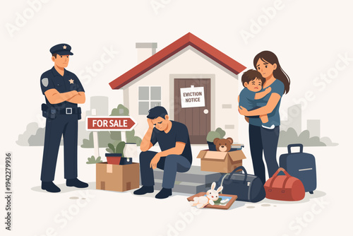 Stressed young family being evicted from their home with an eviction notice on the door and a for sale sign. Sad parents and child with belongings in boxes while a police officer watches. Vector.