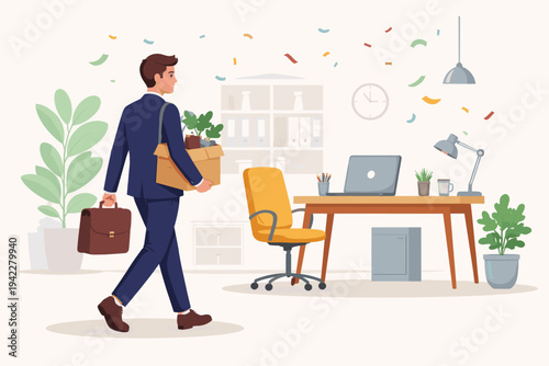 Happy businessman in a suit carrying a box of personal belongings and a briefcase, walking through an office with falling confetti. Concept of starting a new job, career move, or onboarding.
