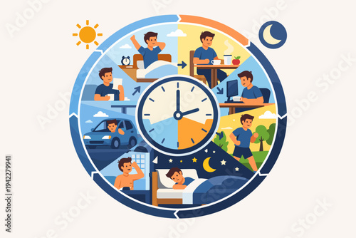 Circadian Rhythm and Daily Routine Infographic of a Young Man in Flat Vector Style Showing Waking Up, Eating, Working, Running, Driving, Showering, and Sleeping Around a Central Clock Interface.