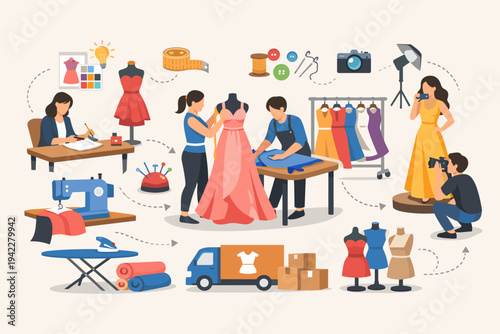 Fashion Industry Process Infographic with Designers Sketching, Tailors Sewing, and Photographers Shooting Models. Flat Vector Illustration of Garment Manufacturing and Apparel Production.