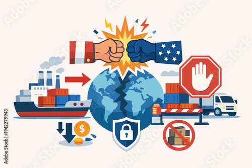 Trade War Concept Illustration with Clashing Fists Representing Global Economic Conflict, Import Restrictions, Tariffs, and Sanctions Impacting International Commerce, Logistics, and Shipping