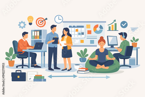 Modern Office Environment with Diverse Employees Working, Collaborating, and Meditating for Mental Health, Productivity, and Work-Life Balance, Flat Vector Illustration for Business Culture.