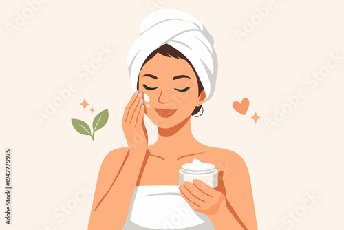 Beautiful young woman applying moisturizing cream to her face, wearing a white towel on her head. Flat vector illustration for skincare, beauty routine, wellness, and natural cosmetic treatment.