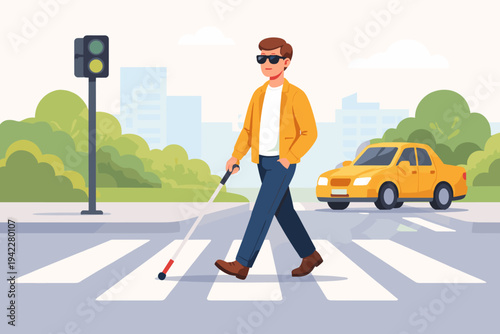 Blind Man with Sunglasses and White Cane Crossing the Street on a Zebra Crosswalk in a City Environment. Flat Vector Illustration of a Visually Impaired Person Navigating Urban Traffic Safety.