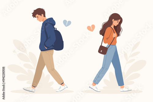 Sad young couple walking away from each other after a breakup, man and woman parting ways with broken heart icons, flat vector illustration of relationship ending, heartbreak, and emotional pain.