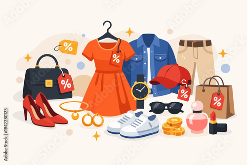 Flat vector illustration of fashion apparel and accessories including dress, denim jacket, handbag, high heels, sneakers, and jewelry with discount tags for retail sales and shopping promotions.
