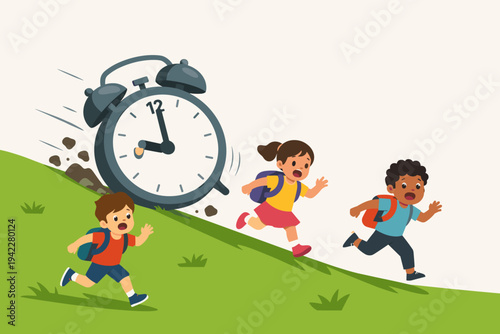 Vector Illustration of Diverse School Children with Backpacks Running Away from a Giant Alarm Clock Rolling Down a Green Hill, Symbolizing Time Pressure, Urgency, and the Stress of Being Late.