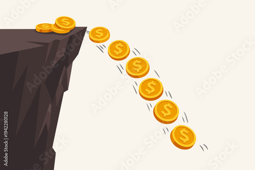Flat Vector Illustration of Gold Dollar Coins Falling Off a Dark Cliff Edge Representing Financial Crisis, Economic Recession, Bankruptcy, Stock Market Crash, Inflation, and Loss of Investment.
