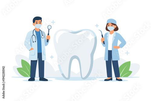 Professional male and female dentists wearing medical masks and lab coats standing next to a giant clean healthy white tooth holding dental tools for oral hygiene, checkup, and dental healthcare.