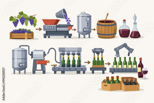 Comprehensive flat vector illustration showing the winemaking process stages including grape harvesting, crushing, fermentation, barrel aging, filtration, automated bottling, and packaging.