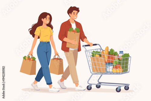 Happy Young Couple Walking with Shopping Cart and Paper Bags Full of Fresh Groceries, Healthy Food Shopping Lifestyle, Flat Vector Illustration of Man and Woman Buying Vegetables and Bread