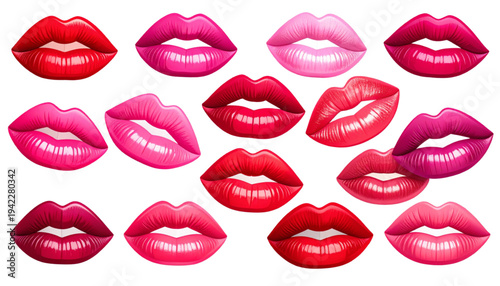 A set of colorful lips on transparent background