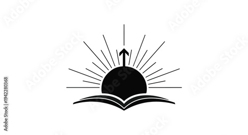 Monochromatic design depicts an open book beneath a rising sun silhouette, symbolizing knowledge, growth, and learning achievement.