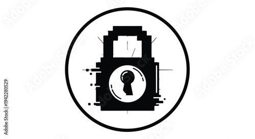 Monochrome pixelated padlock icon inside a circle symbolizes digital security and data protection against a clean white backdrop.