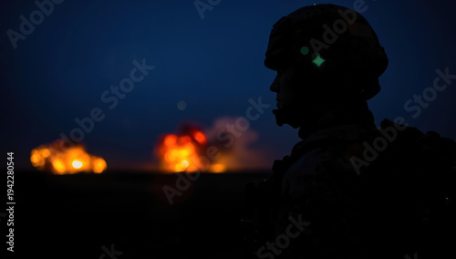 Silhouette of soldier at night with distant explosions creating dramatic orange glow
