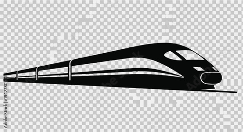 Sleek black silhouette of a modern high-speed bullet train graphic design is isolated against a transparent background for versatile use.