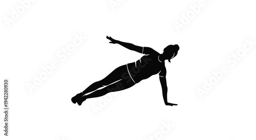 Silhouette of a woman performing a challenging side plank yoga pose with one arm extended upward for balance on a pure white surface, emphasizing core strength and fitness.
