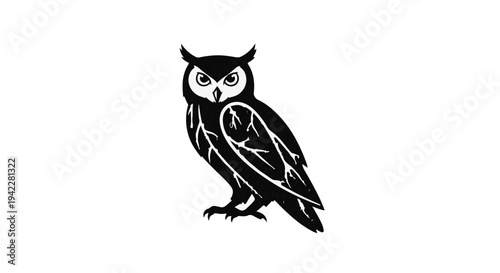 A detailed, black and white silhouette of a great horned owl stands upright, showcasing its sharp eyes and textured feather patterns against a stark white backdrop.