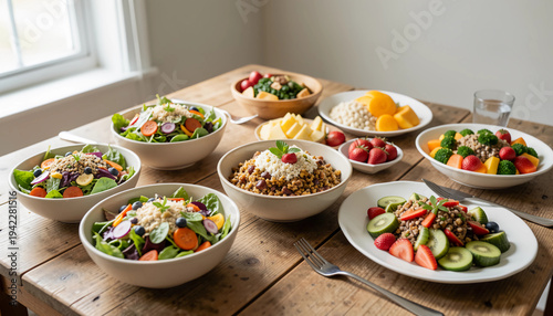 A healthy lifestyle dining table scene showing several nutritious dishes including colorful salads, grain bowls, fresh fruit plates, and vegetable dishes arranged across a rustic wooden table