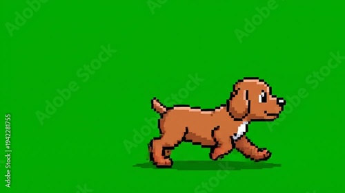 Pixelated animated dog walking on green screen background