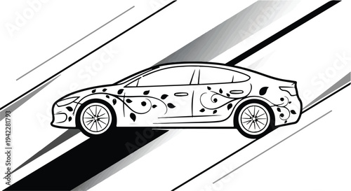 Side profile illustration of a modern sedan covered in swirling vine decals, conveying eco-friendly transportation against a backdrop of dynamic, slanted gray stripes.