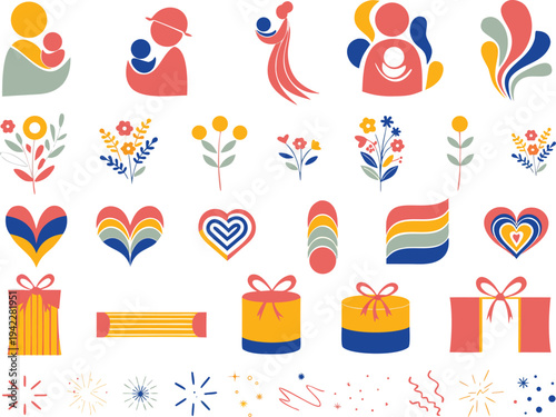 A colorful vector graphic illustration of love and celebration icons