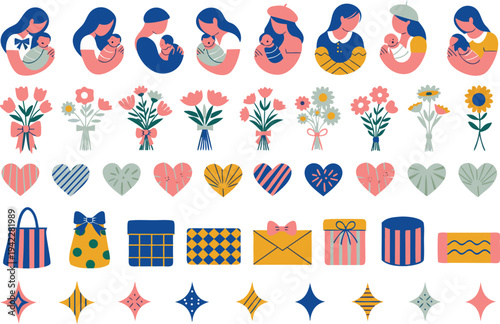 A colorful vector graphic illustration of mothers and babies with flowers and gifts