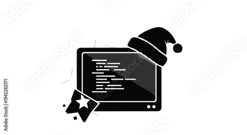 Computer screen with festive holiday hat and ribbon, symbolizing a cheerful coding season.