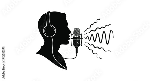 Illustration of a person in silhouette speaking into a microphone with sound waves