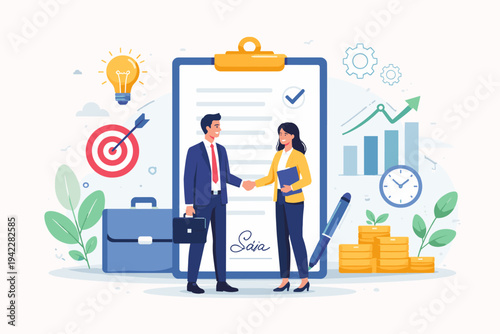 Business Partners Shaking Hands After Signing Contract Agreement, Flat Vector Illustration of Startup Success with Growth Chart, Money, Idea Lightbulb, Goal Target, Clipboard, and Time Management.