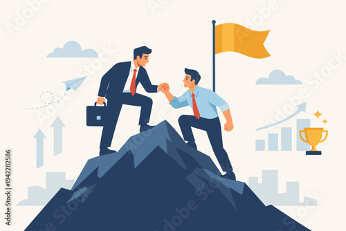 Businessmen Helping Each Other Reach Mountain Peak for Success. Flat Vector Illustration of Teamwork, Leadership, Mentorship, and Corporate Partnership. Achieving Goals and Growth Together.