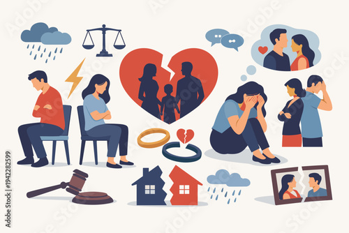 Divorce and marriage problems vector concept illustration featuring broken heart, family silhouette, couple arguing, crying woman, judge gavel, scales of justice, and broken house icons.