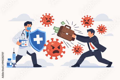 Flat vector illustration of a doctor with face mask, shield, and vaccine box fighting coronavirus alongside a businessman with a briefcase of money representing stimulus package and economic recovery.