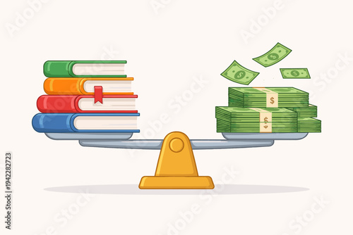 Vector Illustration of a Stack of Books Balancing with Cash Money on a Scale, Representing the Cost of Education, Value of Knowledge, Investment in Learning, Tuition Fees, and Student Loan Debt.