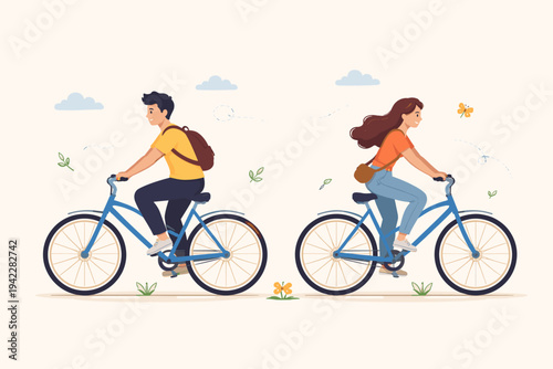 Flat vector illustration of a young man and woman riding blue bicycles in opposite directions. The couple is cycling away from each other on a simple background with clouds, leaves, and butterfly.