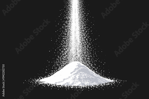 Minimalist vector illustration of white powder falling from above into a pile, isolated on a solid black background. Ideal for depicting flour, sugar, salt, dust, or various chemical substances.