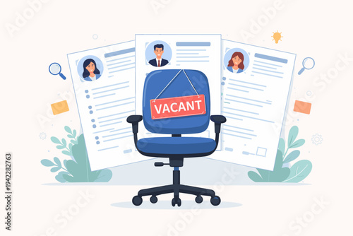 Job Recruitment Concept Illustration with Office Chair and Vacant Signage Behind Multiple Candidate Resumes and CV Documents for Human Resources Hiring Talent Acquisition and Career Employment