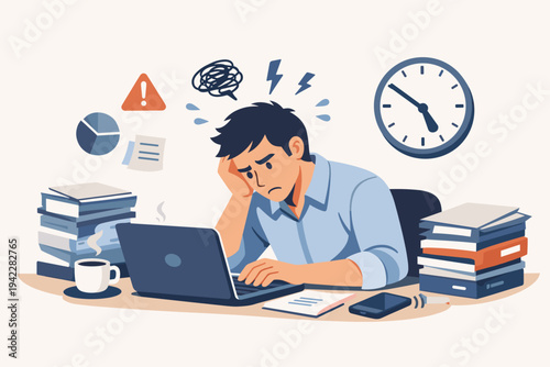 Stressed businessman working on laptop at desk with piles of books and coffee, feeling overwhelmed by deadlines and heavy workload, flat vector illustration of office burnout and mental exhaustion.