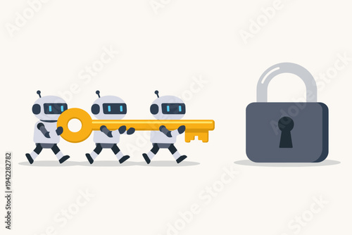 Three small robots working together to carry a large golden key towards a massive padlock symbolizing AI security automated problem solving and collaborative technology solutions in a flat style