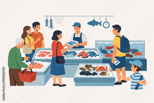 Vector illustration of diverse people shopping at a busy seafood market. Customers choosing fresh fish, crabs, and shrimp from ice display cases while a friendly fishmonger serves a woman.