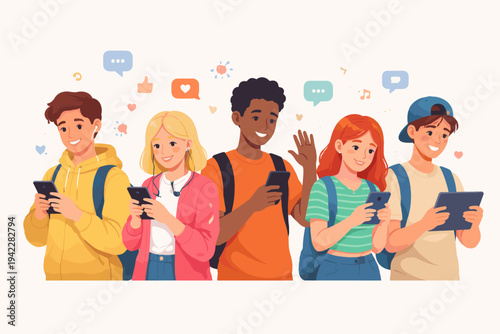 Diverse Group of Happy Teenagers and Students Using Smartphones and Digital Tablets for Social Media Networking and Communication, Flat Vector Illustration of Young People with Backpacks Texting