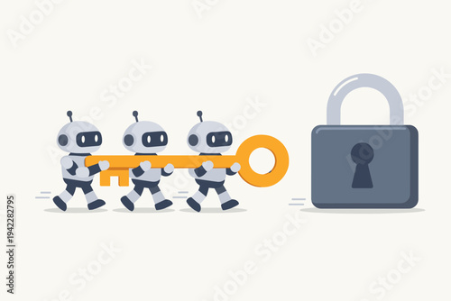 Team of three cute robots carrying a giant golden key to unlock a large padlock, symbolizing artificial intelligence security, automated data protection, and collaborative problem solving.