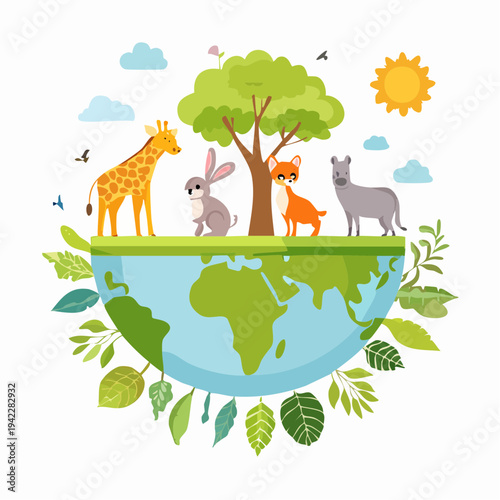 Animals and wildlife standing together on a green earth surrounded by leaves and trees under a sunny sky with clouds and birds flying around.