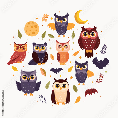 Assemblage of owls surrounded by autumn leaves and bats under moonlight and sunlight in a circular illustration