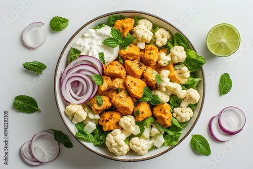 bowl of butter chicken salad with cauliflower and red onions