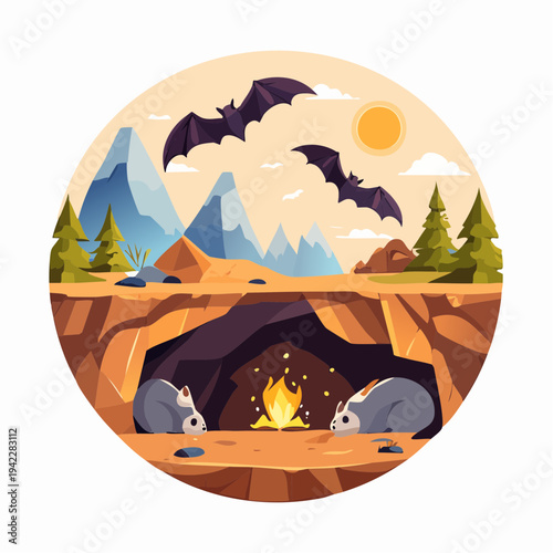 Cave dwellers gathered around a warm firefly-lit campfire in a mountainous landscape at dusk viewed from above